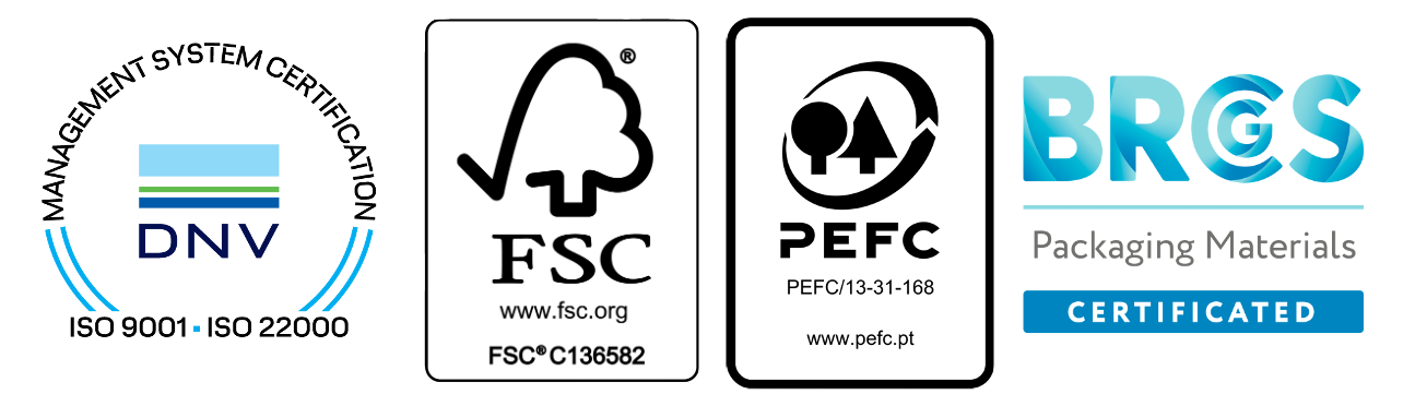 Certificaciones DNV ISO 9001 e ISO 22000, FSC C136582 y BRCGS Packaging Materials